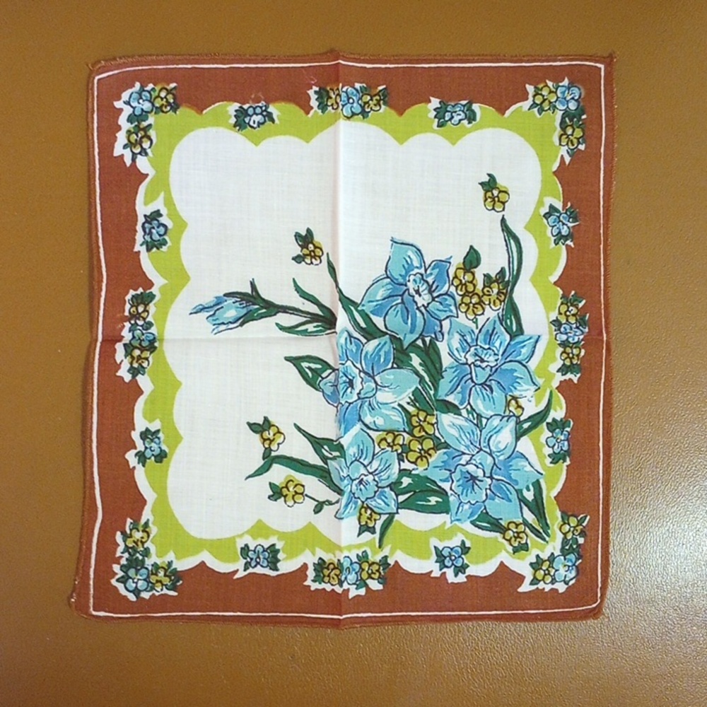 8 Floral Vintage Handkerchiefs. Red Pink Yellow Gold Green Aqua Blue Brown White - Picture 2 of 9